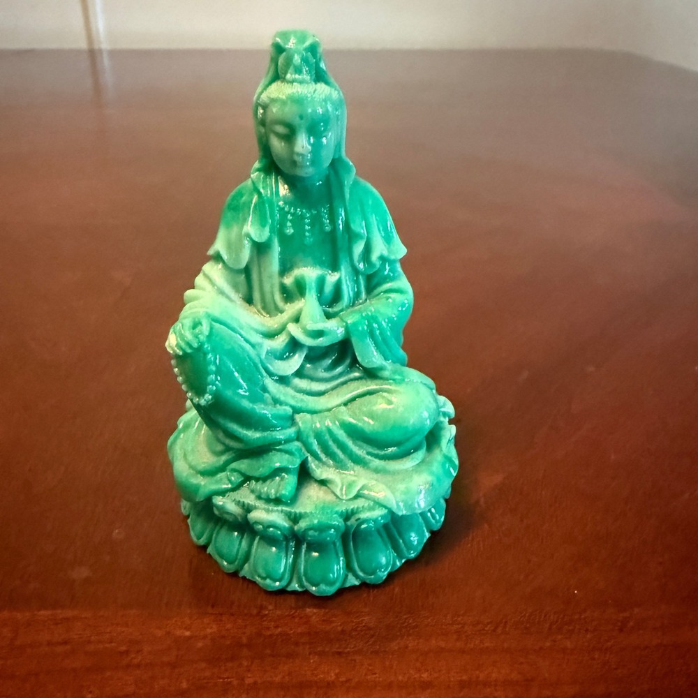 Vintage Green Faux Jade Guan Yin Statue Seated Lotus Base Figurine 3.5 Inch